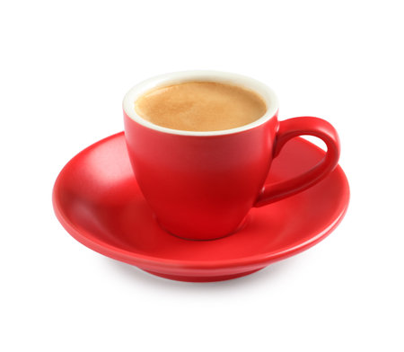 Aromatic coffee in red cup on white backgroundの写真素材