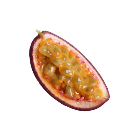 Slice of passion fruit isolated on whiteの写真素材
