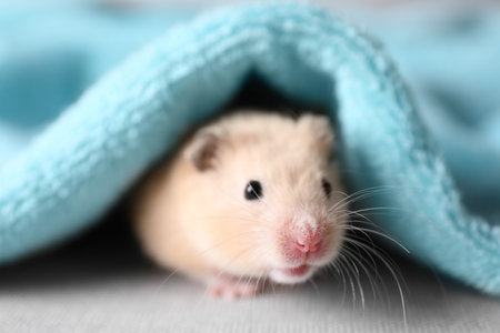 Adorable hamster under soft light blue towelの写真素材