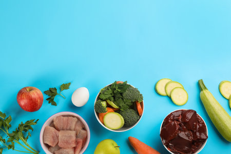 Pet food and natural ingredients on light blue background, flat lay. Space for textの写真素材