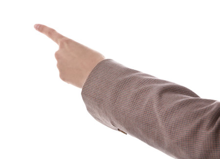 Woman pointing with index finger on white background, closeup. Responsibility conceptの写真素材