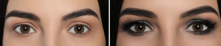 Closeup view of beautiful young woman with and without makeup, collage. Eye shadow productの写真素材