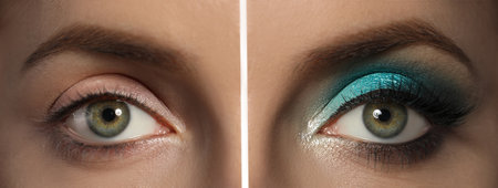Closeup view of beautiful young woman with and without makeup, collage. eye shadow productの写真素材