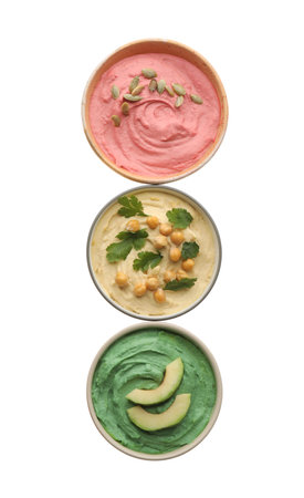 Different kinds of tasty hummus in bowls on white background, top viewの写真素材