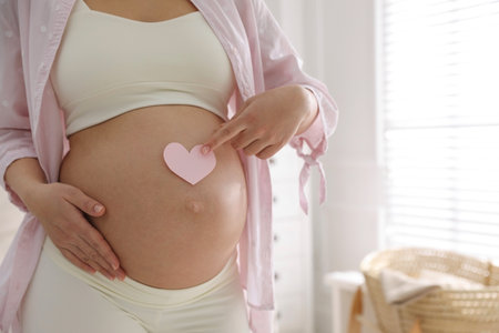 Pregnant woman with heart shaped sticky note on belly indoors, closeup. Choosing baby nameの写真素材