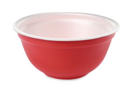 Disposable red plastic bowl isolated on whiteの写真素材