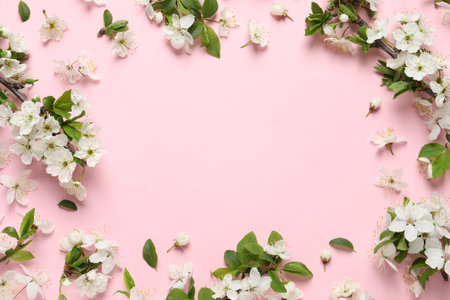 Beautiful spring flowers on pink background, flat lay. Space for textの写真素材
