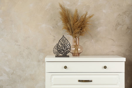 Modern chest of drawers with decor near beige wall. Space for textの写真素材