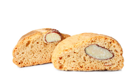 Slices of tasty cantucci on white background. Traditional Italian almond biscuitsの写真素材
