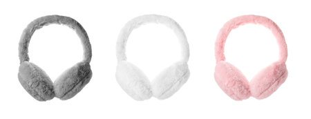 Set with different soft earmuffs on white backgroundの写真素材