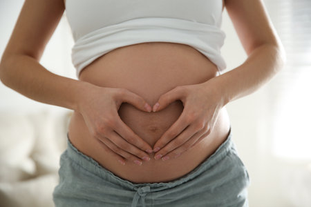 Pregnant woman making heart with her hands near belly indoors, closeupの写真素材