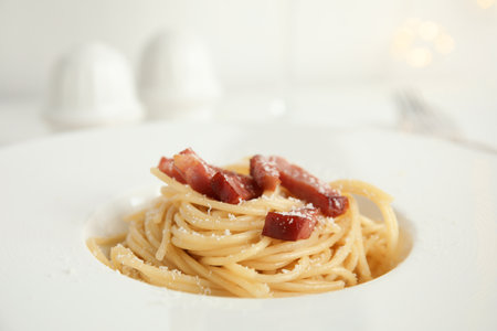 Delicious Carbonara pasta in plate, closeup viewの写真素材