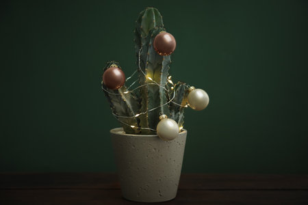 Beautiful cactus with Christmas balls and festive lights on wooden table against green backgroundの写真素材