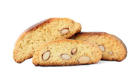 Slices of tasty cantucci on white background. Traditional Italian almond biscuitsの写真素材