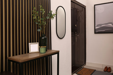 Modern hallway interior with console table and mirrorの写真素材