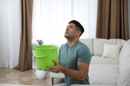 Emotional man collecting water leaking from ceiling in living room. damaged roofの写真素材