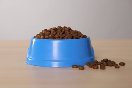 Dry food in light blue pet bowl on wooden surfaceの写真素材