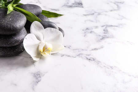 Spa stones, beautiful orchid flower and bamboo sprout on white marble table, space for textの写真素材