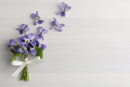Beautiful wild violets and space for text on white wooden table, flat lay. spring flowersの写真素材