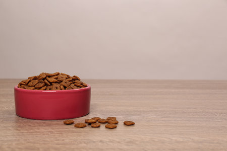 Dry food in pet bowl on wooden surface, space for textの写真素材