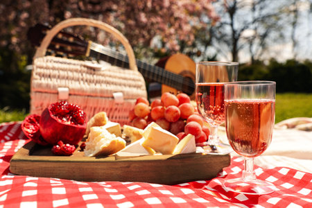 Delicious food, wine and picnic basket on blanket in parkの写真素材