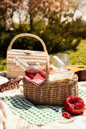 Delicious food and wine in picnic basket on blanket outdoorsの写真素材