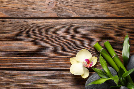 Spa stones, orchid flower and bamboo stems on wooden background, flat lay. Space for textの写真素材