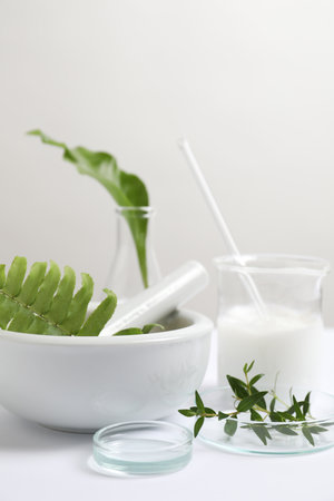 Natural ingredients and laboratory glassware for organic cosmetic product on white tableの写真素材