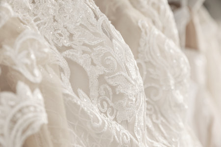 Beautiful wedding dress with lace, closeup viewの写真素材