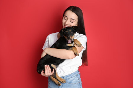Young woman with cute puppy on red backgroundの写真素材