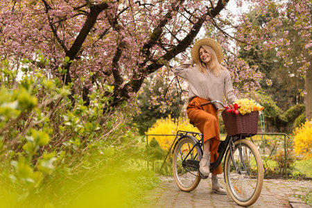 Beautiful young woman with bicycle and flowers in park on pleasant spring day. Space for textの写真素材
