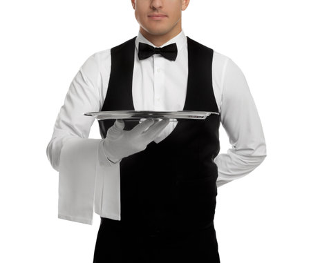 Elegant butler holding silver tray isolated on white, closeupの写真素材