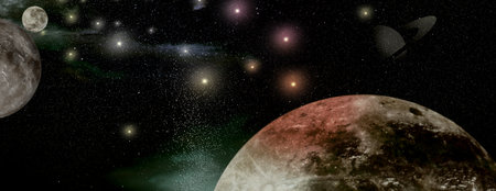 Amazing illustration of galaxy with stars and planets, banner design. fantasy worldの写真素材