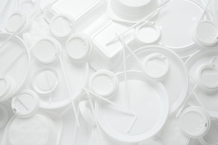 Different white plastic items as background, closeupの写真素材