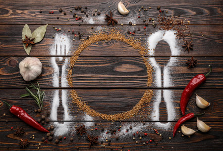 Beautiful flat lay composition with different spices, silhouettes of cutlery and plate on wooden background. Space for textの写真素材