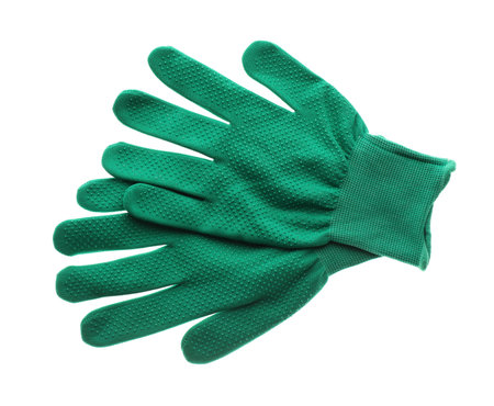 Pair of gloves on white background, top view. gardening toolの写真素材
