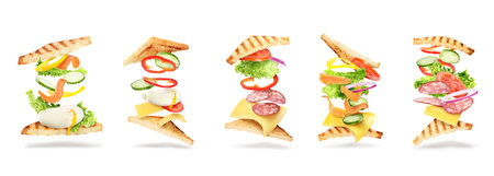 Delicious sandwiches with flying ingredients on white background, collage. banner designの写真素材