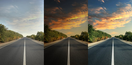 Photos before and after retouch, collage. Beautiful view of empty asphalt highwayの素材 [FY310201711422]