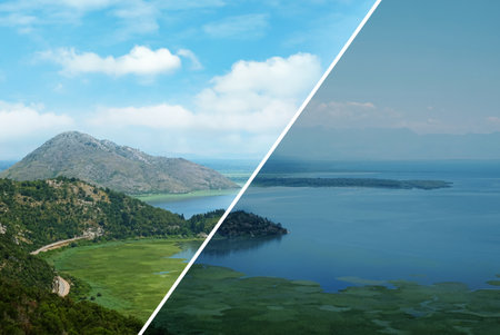 Photo before and after retouch, collage. Picturesque view of beautiful cove on sunny dayの写真素材