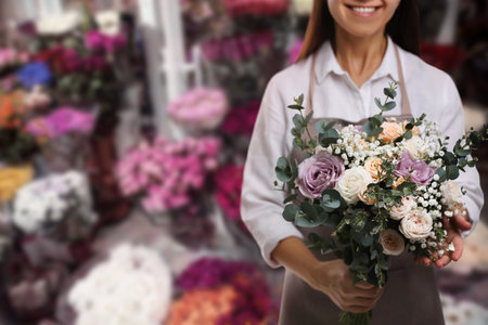 Florist holding beautiful wedding bouquet on shop, closeup. Space for textの写真素材