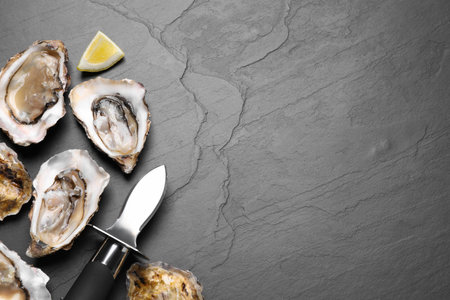 Fresh oysters with lemon and knife on black table, flat lay. Space for textの写真素材