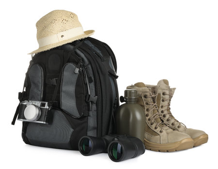 Set of camping equipment for tourist on white backgroundの写真素材