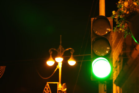 Green traffic light in city at night, space for textの写真素材