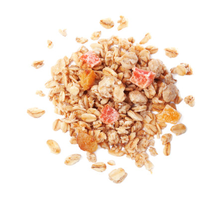 Pile of granola on white background, top view. Healthy snackの写真素材