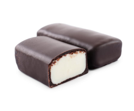 Delicious cut and whole glazed curd snacks on white backgroundの写真素材