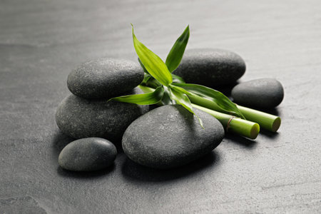 Spa stones and bamboo stems on gray tableの写真素材