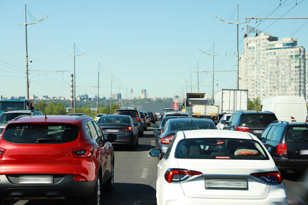 Cars in traffic jam on city streetの写真素材