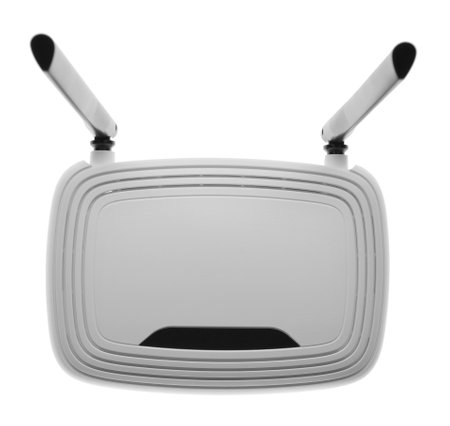 Modern Wi-Fi router on white background, top viewの写真素材