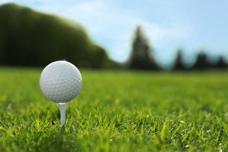 Golf ball on tee at green course, space for textの写真素材