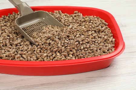 Cat litter tray with filler and scoop on white wooden floor, closeupの写真素材